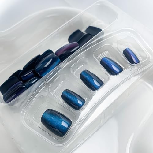 Blue Press On Nails – Short Square Cat Nails – Set of 24 – Style 23