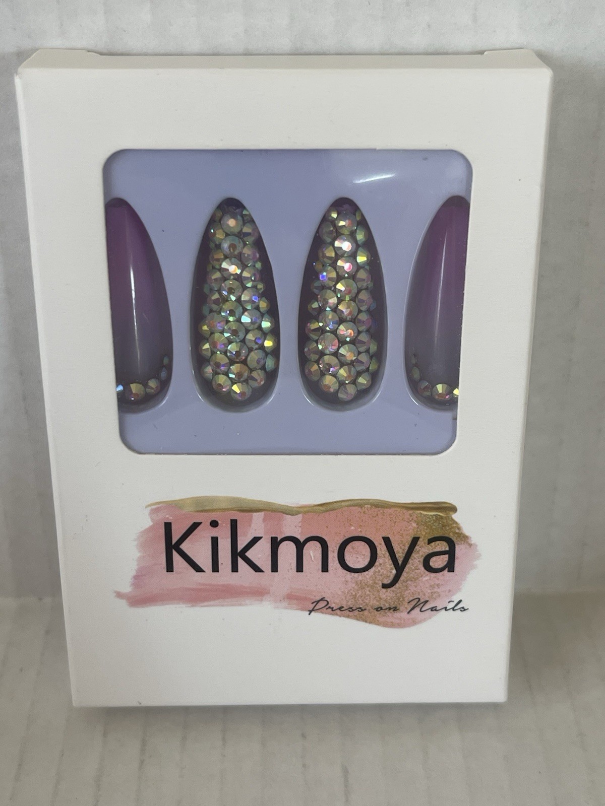 Kikmoya Press On Nails 24 Pc Long Coffin Pink Ombre AB Rhinestone Glam Nail NIB