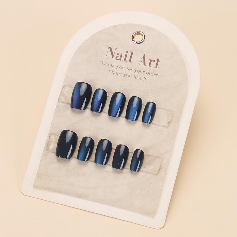 Blue Press On Nails – Short Square Cat Nails – Set of 24 – Style 23