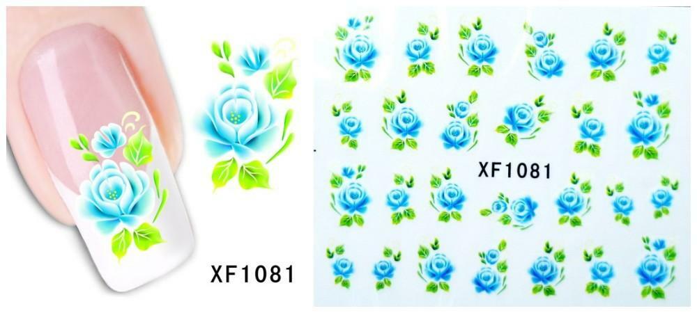 Nail Art Water Transfer Sticker Decal Stickers Pretty Flowers Green Blue XF1081