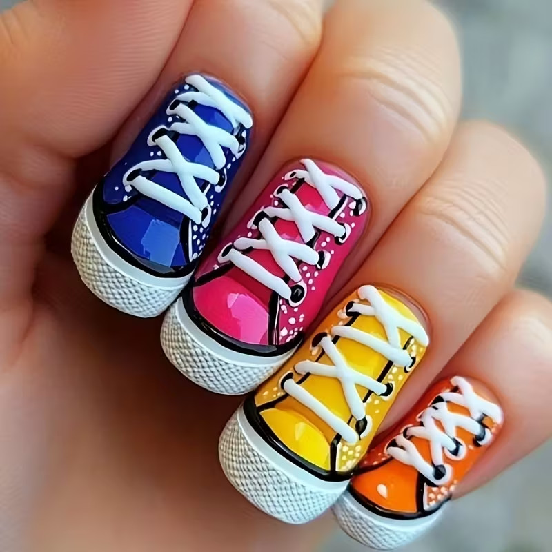 24pcs Medium, Ballet Shape Press-On Nails with Colorful Shoes Unique Cool Design