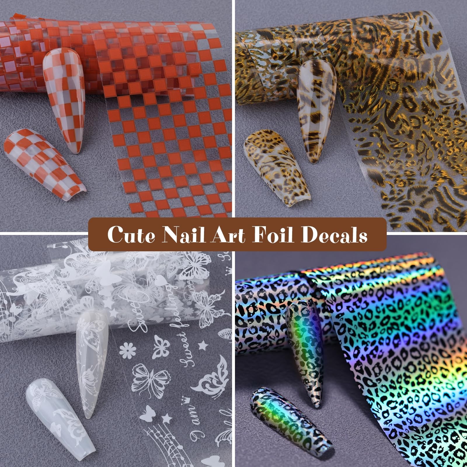 10 Rolls Nail Art Foils Transfer Stickers, Butterfly Plaid Snake Leopard Lace…