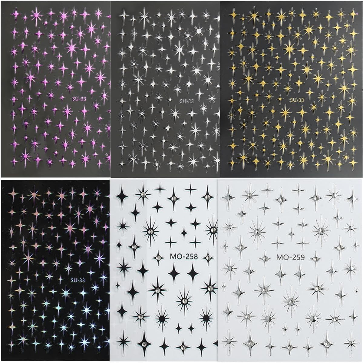 Star Nail Art Stickers Decals, 3D Self-Adhesive Shiny Crystal Black Silver Gold