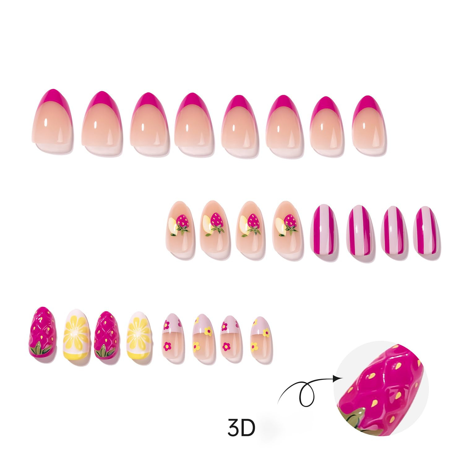 Spring Summer Press on Nails Short Almond Fake Nails 3D Embossed Fruit False Nai