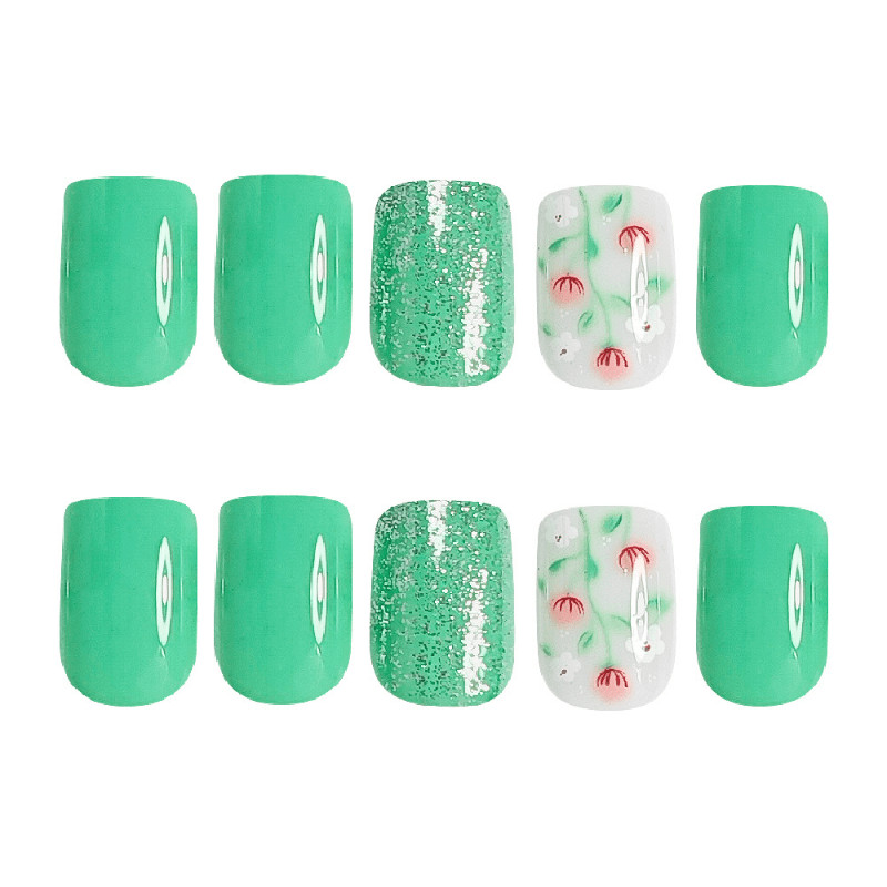 48 Pcs Mint Green Press on Nails, Short Square Cat Eye Floral Summer Fake Nails