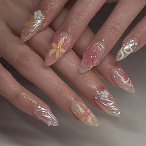 Flower Press on Nails Medium Almond Fake Nails Pink False Nails Flower Style32