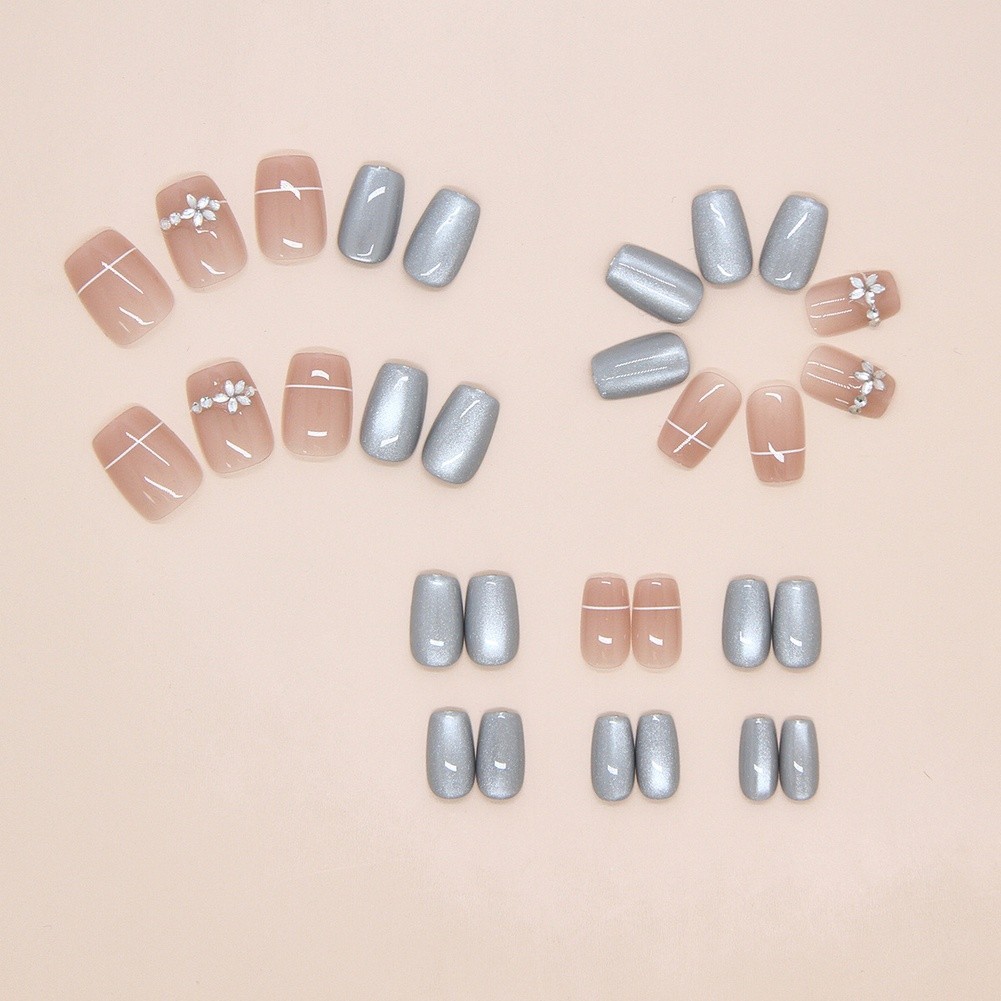 glitter gradient Glitter Flower Press On Nails Short Ballet Style Sweet Simple