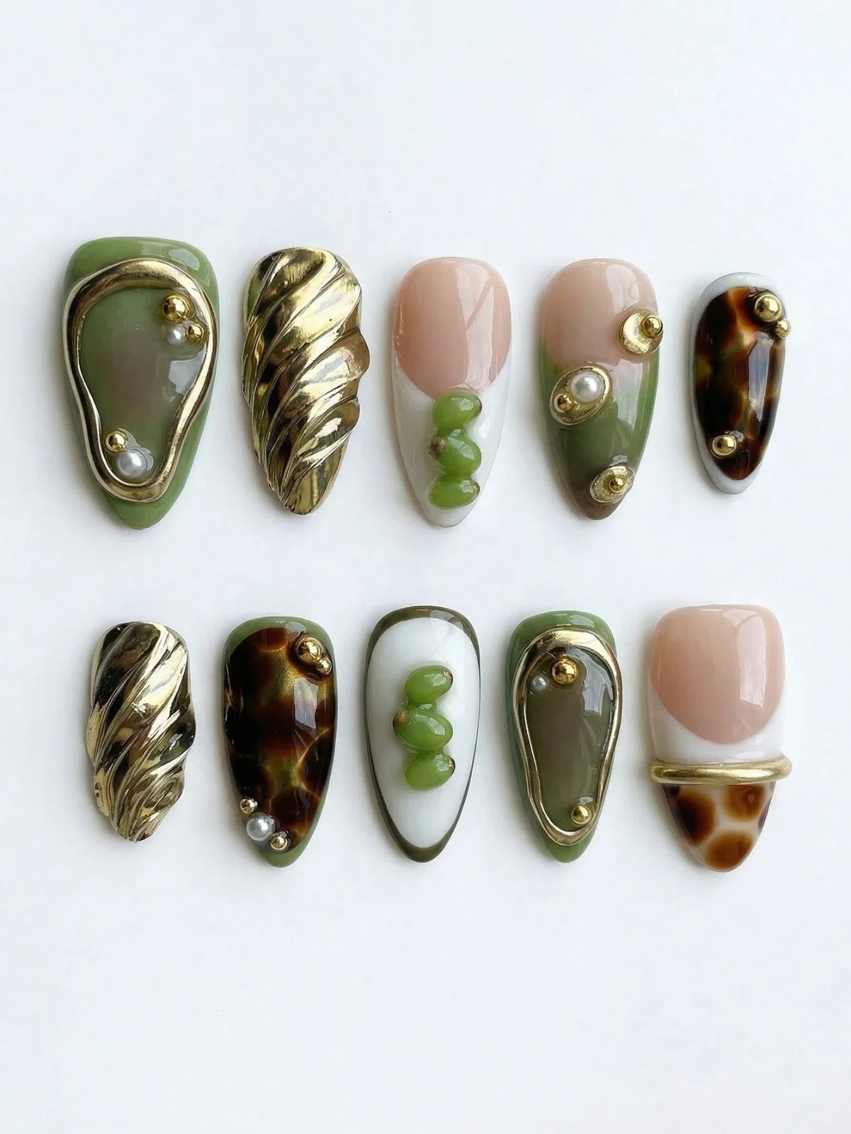 10PCS Handmade Almond Press On Nails Zebra Tortoise French Metal Charms Reusable