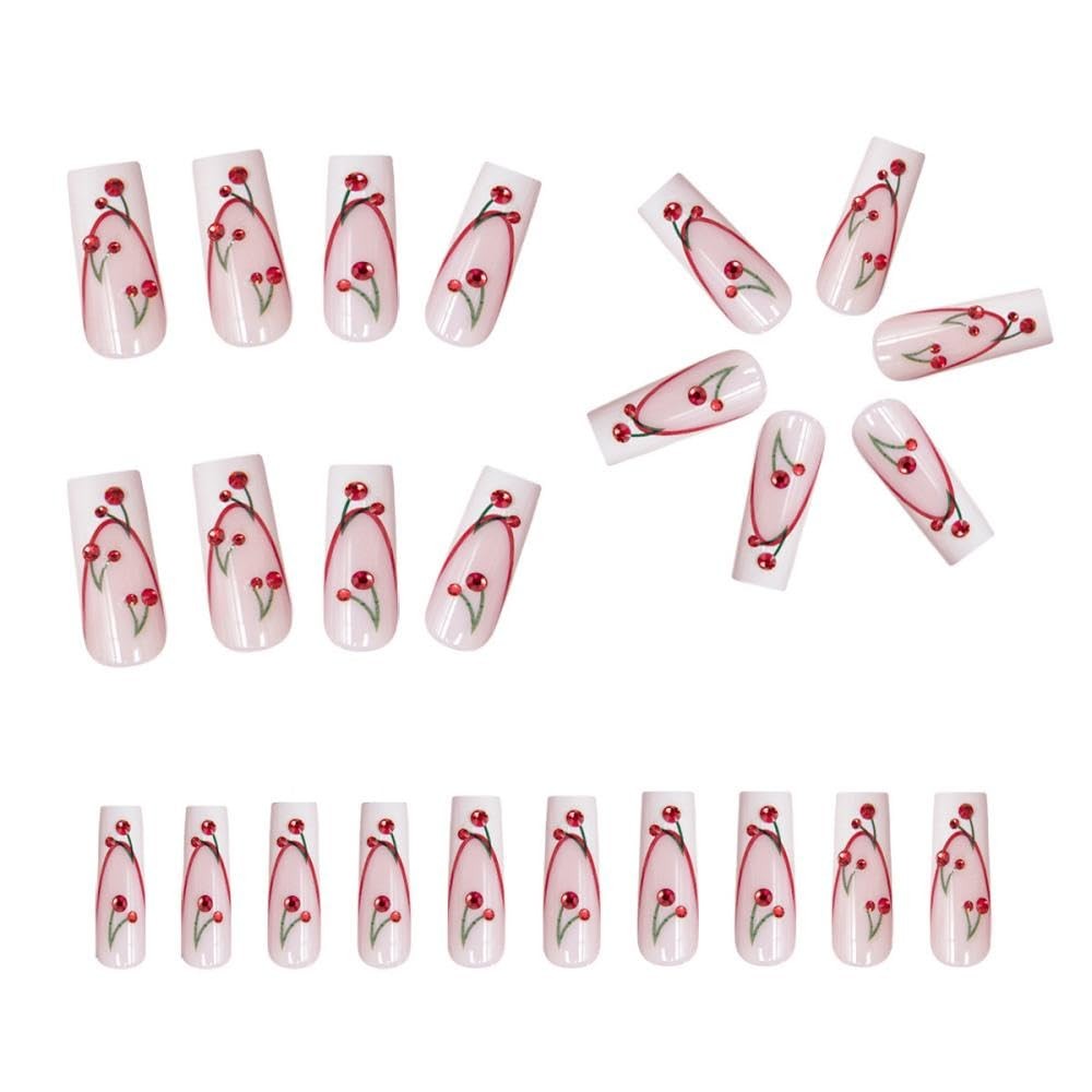 White French Tips Press on Nails Cherry Press on Toenails Long Square Stick o…