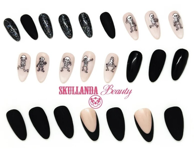 Black, Nude Skeleton Glitter Matte, Glossy Mix Press On Nails, Set of 24