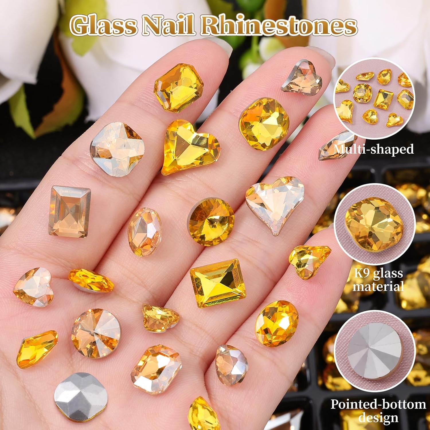 104PCS Glass Nail Gems, 3D Champagne Gold Nail Art Rhinestones for Women