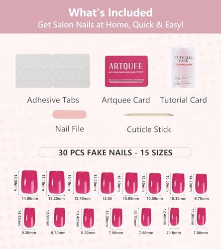 Press on Nails Short Square False Tips Glossy Reusable Fake Stick on Hot Pink