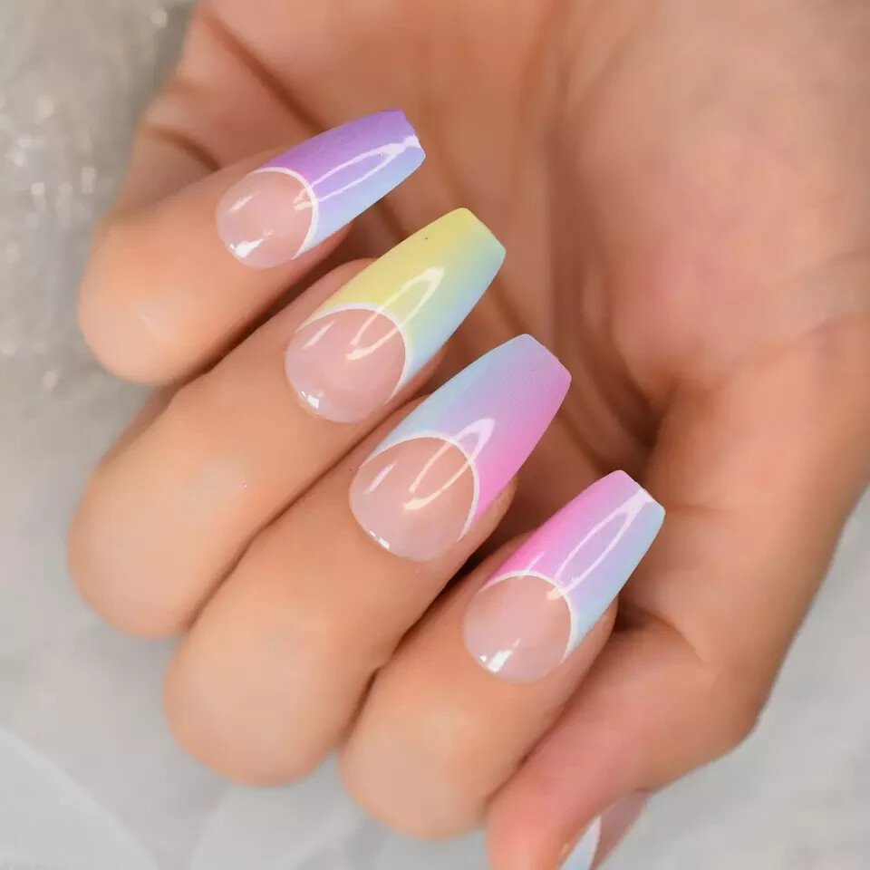 Colorful French Ombre Medium Coffin Press On Nails, Glue On False Set 24 pcs Kit