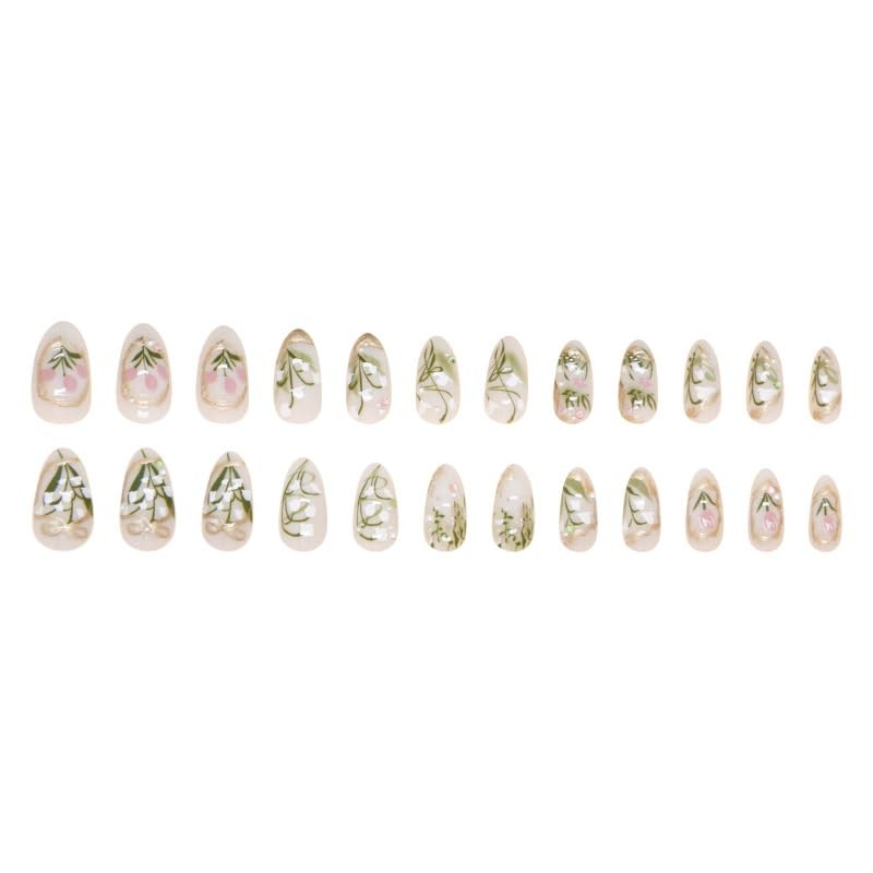 Mkwntg 24Pcs Green Flower Press on Nails Medium Almond Medium, Multicolor