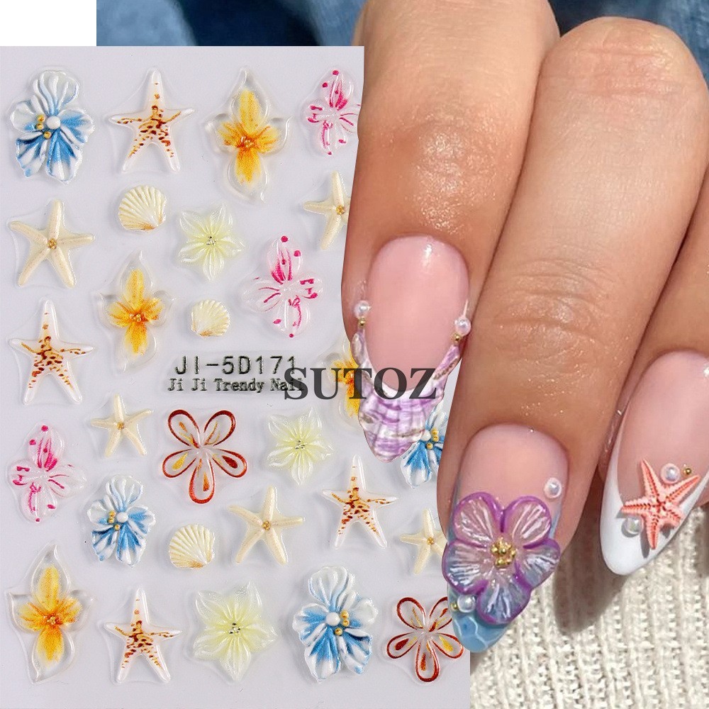 Summer 5D Embossed Ocean Nail Art Stickers Flower Starfish Seashell Coconut NH29
