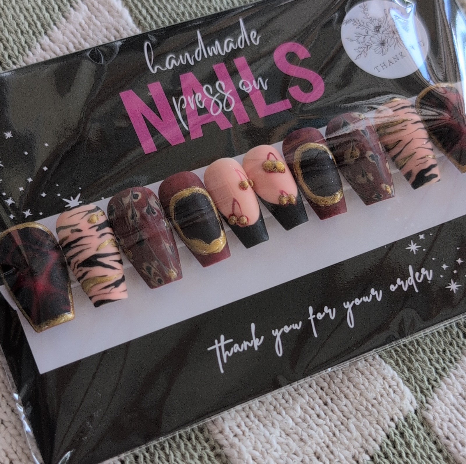 Press-On Nails Handmade Long Coffin Burgundy Black Sized XL
