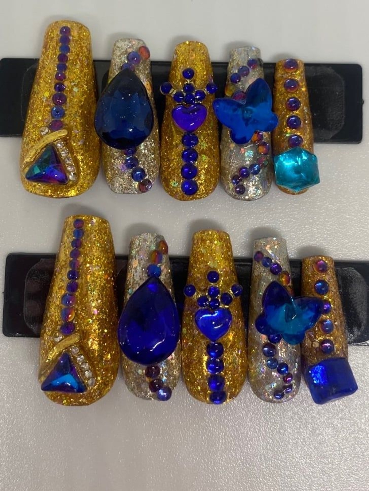 Silver and Gold Foils with Blue Jewels Handmade Press On Nail Set