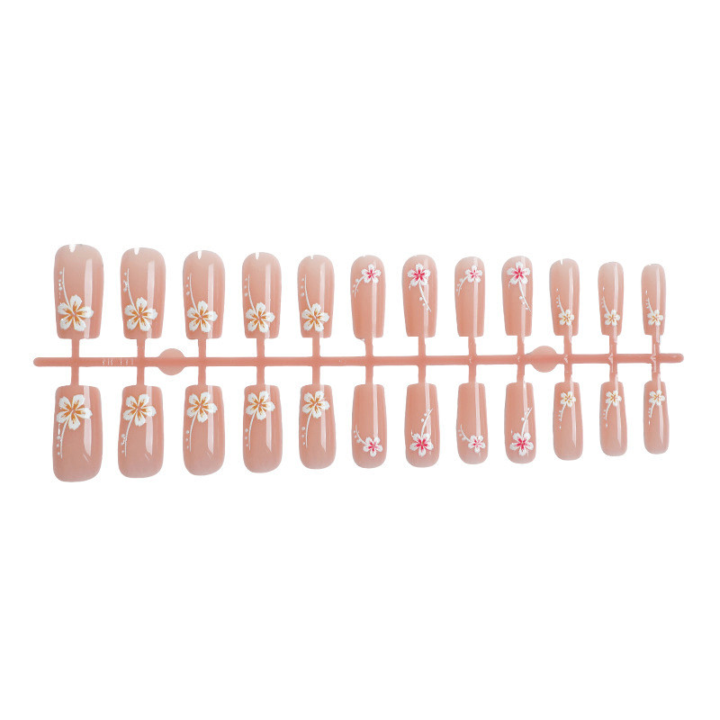 48pcs Long Square Press on Nails, Nude Base with Pink & White Flower Nails