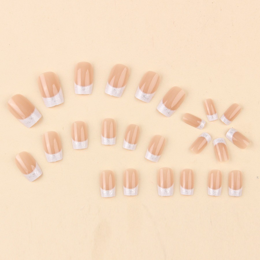 48pcs-Natural Nude Fake Nails with White Glitter French Tips, Short Square Shape