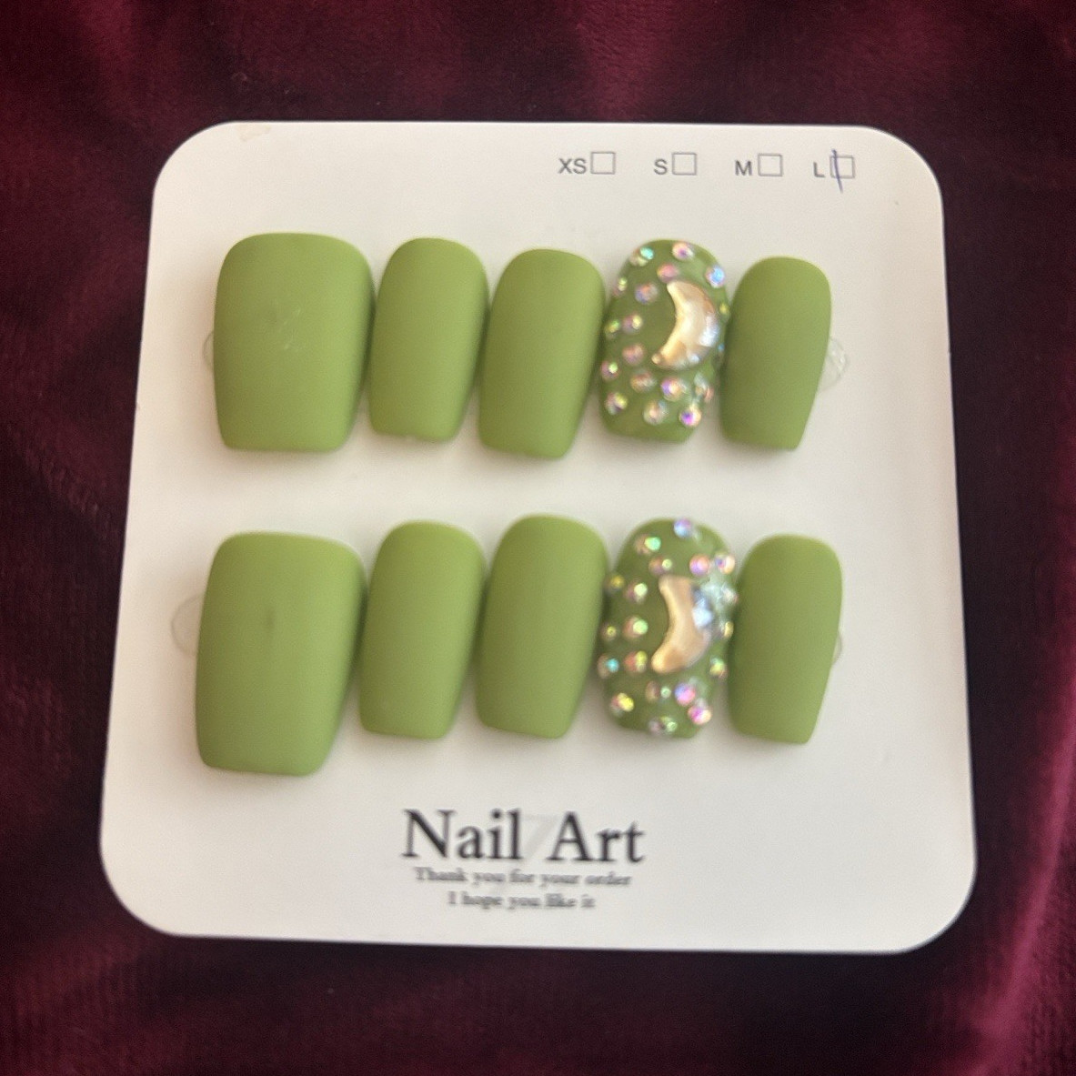 Press-On Nails Set Green Matte Moon Rhinestone Accent Medium Square Full Cover
