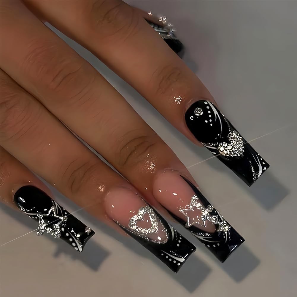 Long Press on Nails Black French Tip Long Fake Nail Coffin Press on Nails Squ…