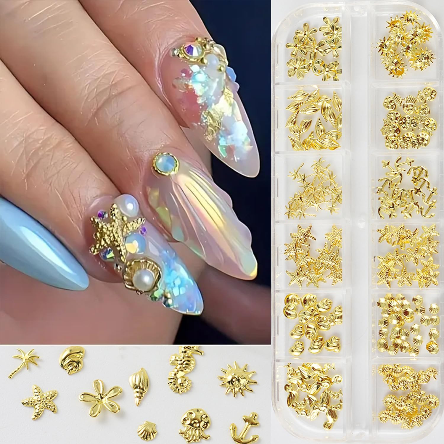 12Grids Summer Metal Nail Art Charms 3D Gold Starfish Shell Conch Nail Charms Sp