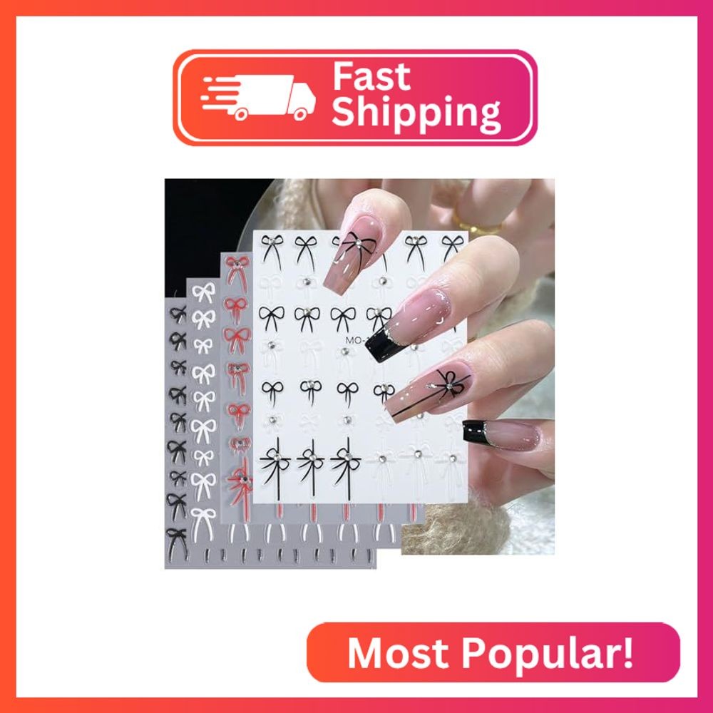French Bow Nail Art Sticker,3D Black White Red Elegant Bow Line Rhinestone Self-