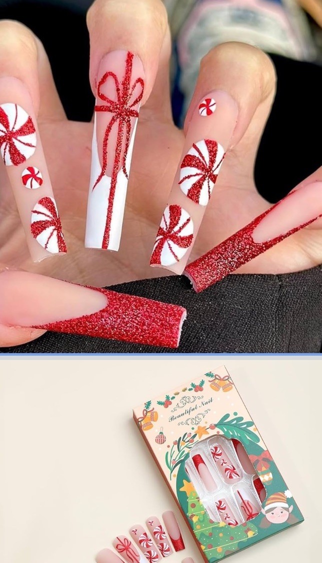Beautiful Red And White Fancy Fake Nails Non Toxic