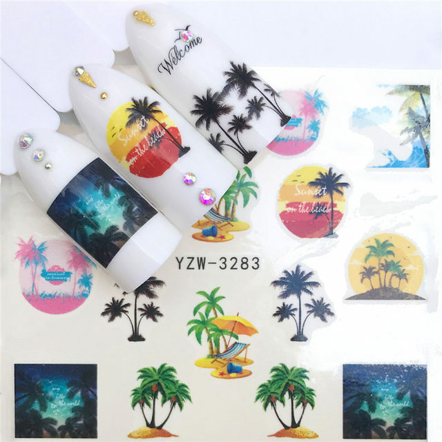 Nail Art Water Transfer Sticker Palm Tree Beach Summer Coconut Tree Decals DIY