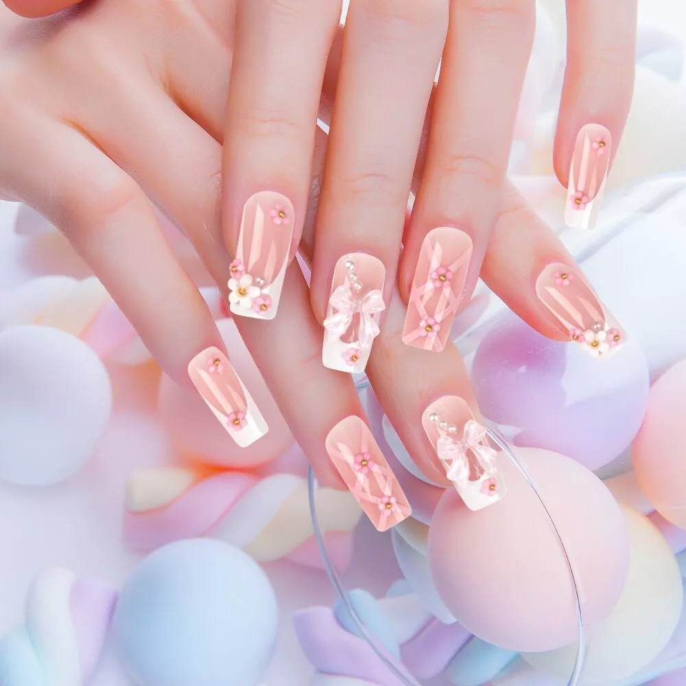 24x French Press on Nails Medium Rhinestone Pink Fake Nails Almond Bling Glossy
