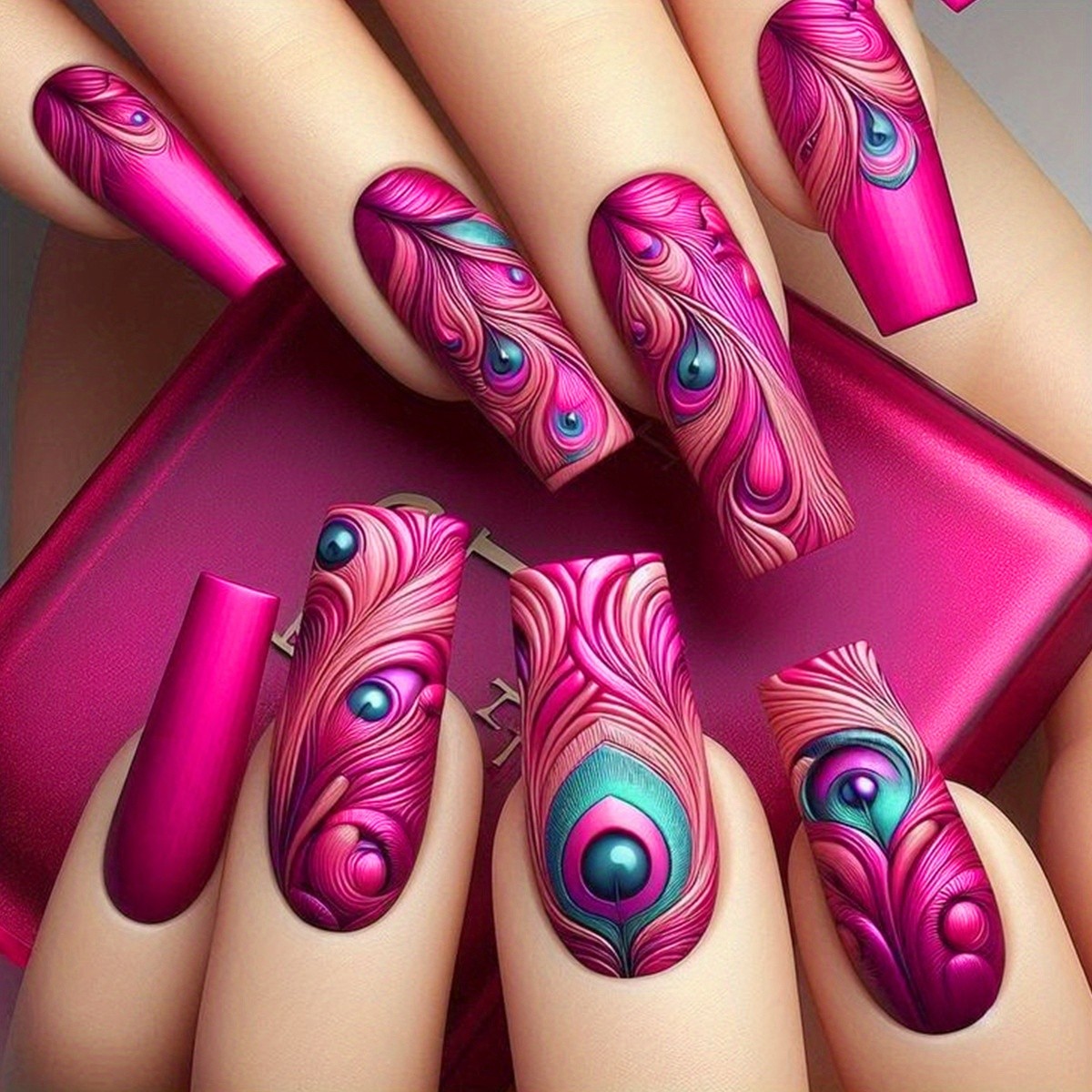 96PCS Press on Nails Feather Peacock Long Stiletto Colorful Reusable Fake Nails