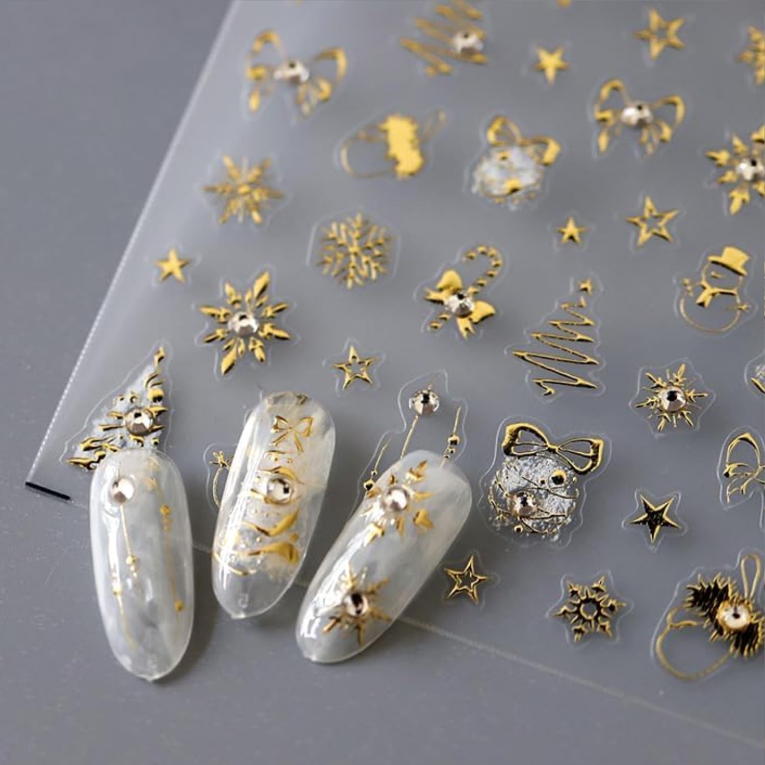 Christmas Nail Stickers 5D Embossed Gold Christmas Nail Decals Holiday Nail A…