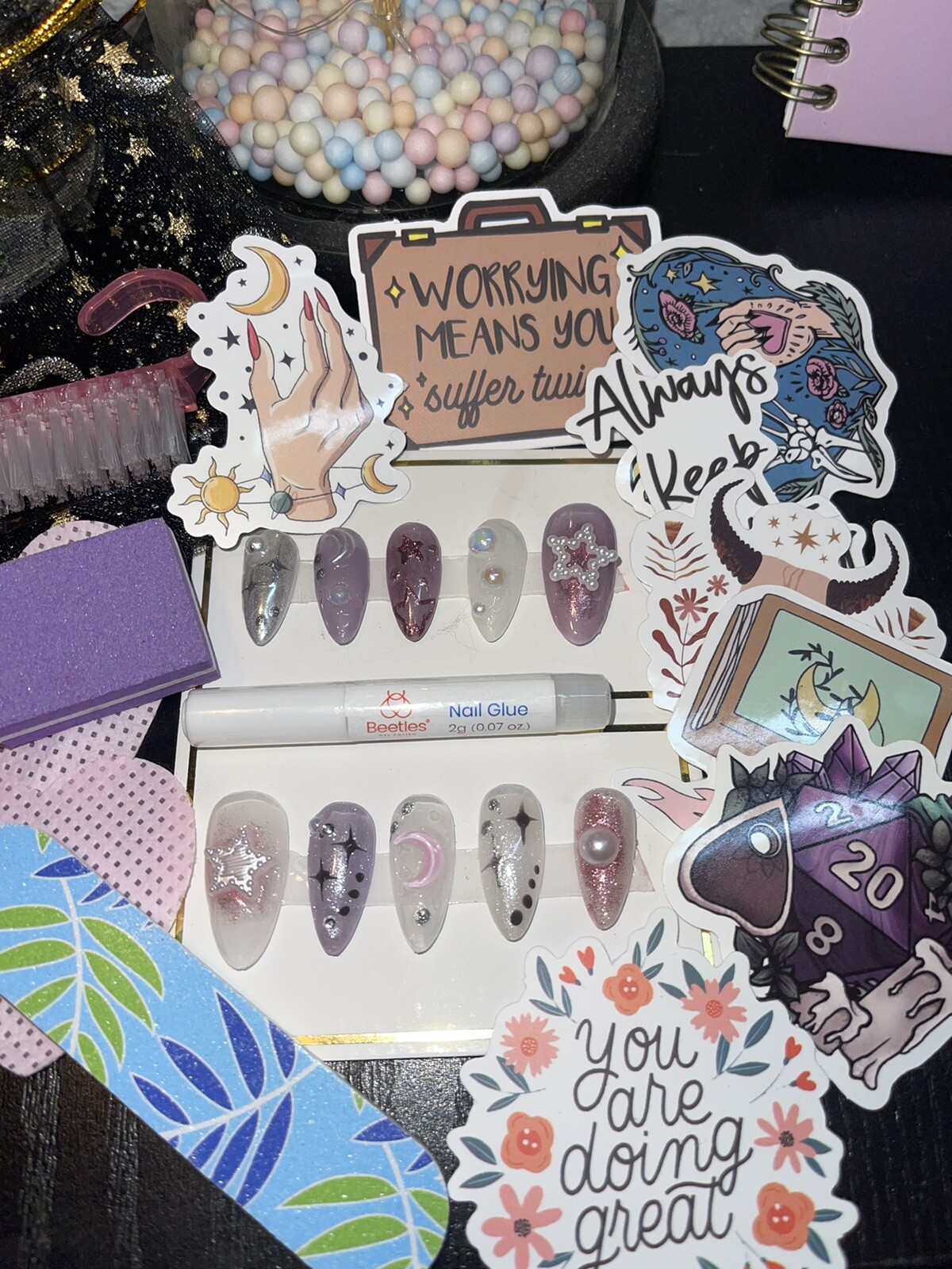 Trending Jelly Handpainted Press on Nails W/ Rhinestones. includes Prep Kit
