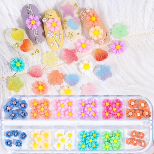 60Pcs Colorful Flowers Nail Charms 3D Daisy Nail Art Charms White Green Pink