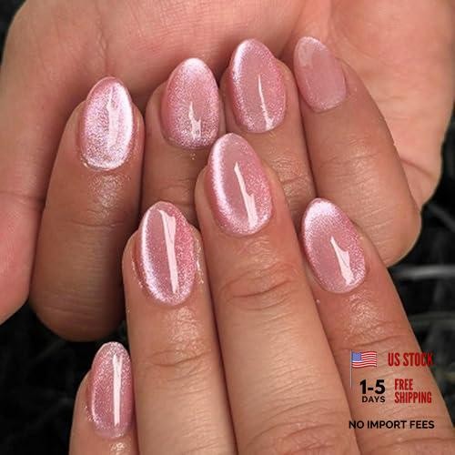 Pink Press on Nails – Short Almond Fake Nails – Glossy Cat Eye Acrylic – Style 8