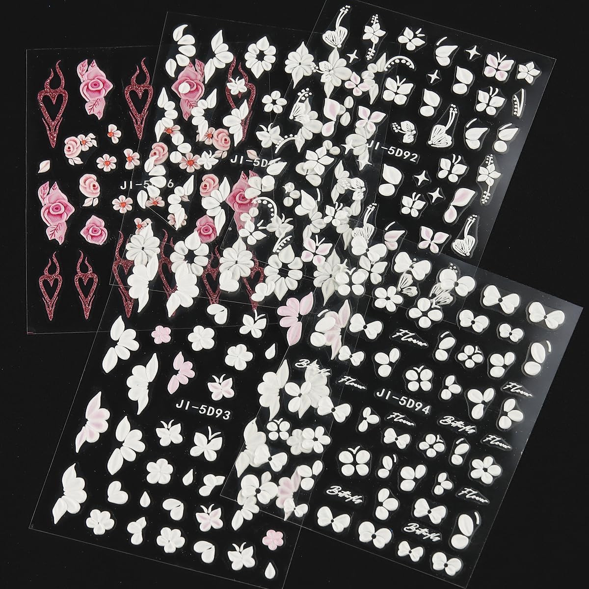 5D Embossed White Flowers Nail Stickers, 5 Sheets Self-Adhesive Floral Nail Deca