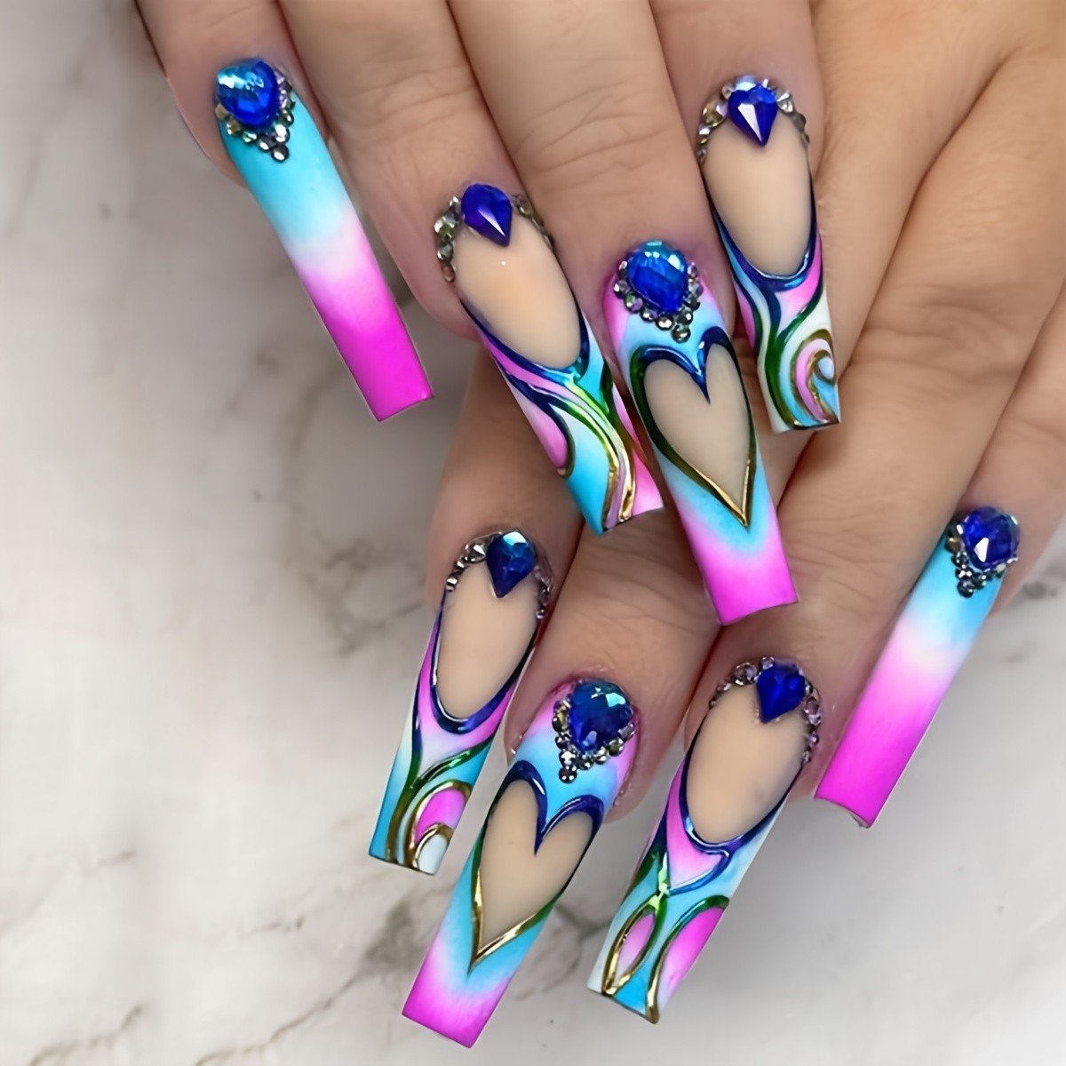 120pcs Bold Colorful Cartoon Press On Nails Eye Rainbow Long Coffin Fake Nails