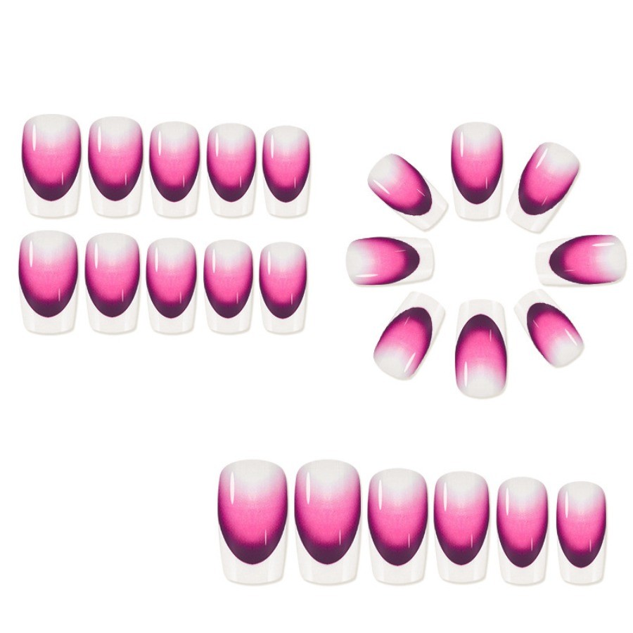 48pcs-Vibrant Gradient Nails with French Tip, Pink To Purple Ombre, Short Square