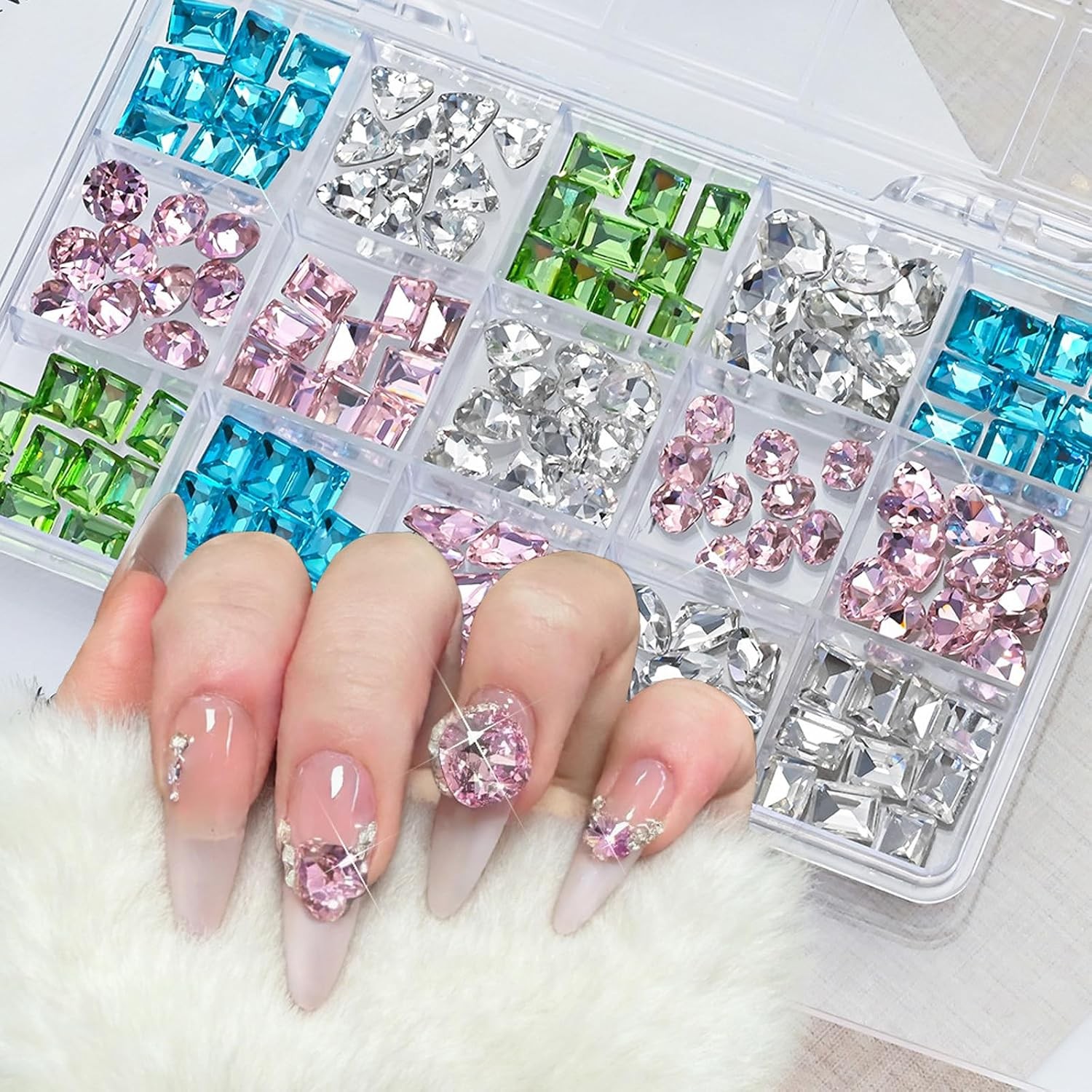 15Grid 3D Nail Rhinestones: Heart Gems, Crystal Glass Jewels for Art