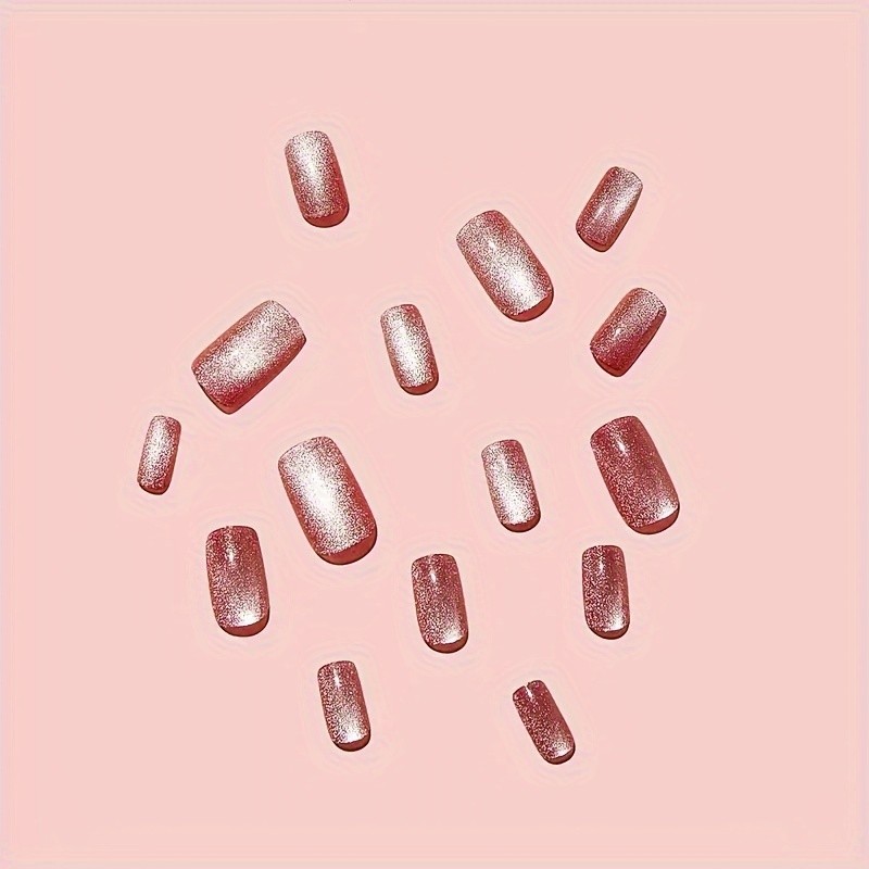 48Pcs-Mauve Shimmer Cat Eye Press on Nails Glossy Short Square Nail Art Set