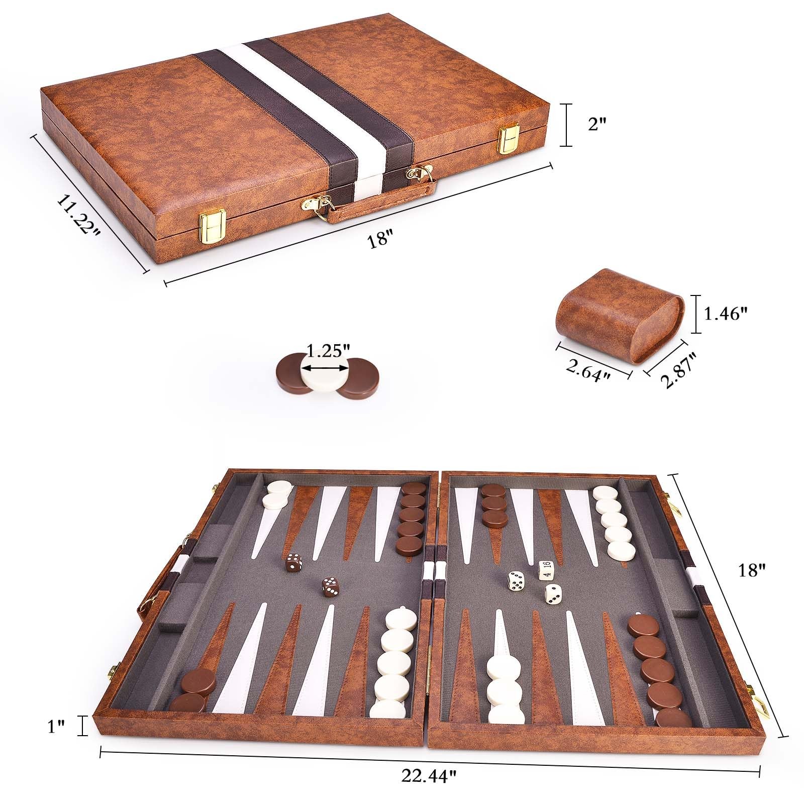 AMEROUS Backgammon Set, 18 Inches Classic Board Game withLeather Large, Brown