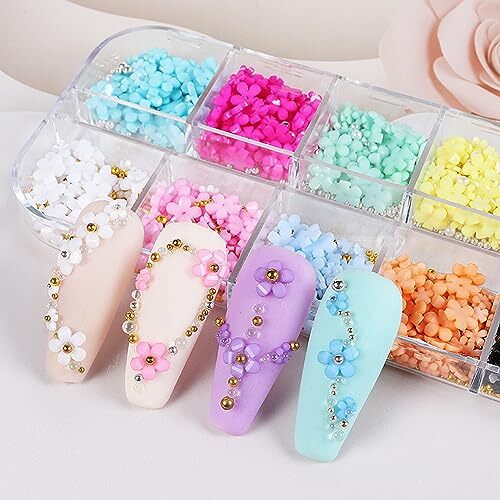 12 Grid 3D Flowers Nail Charms Acrylic Colorful Flowers Nail Art Rhinestones