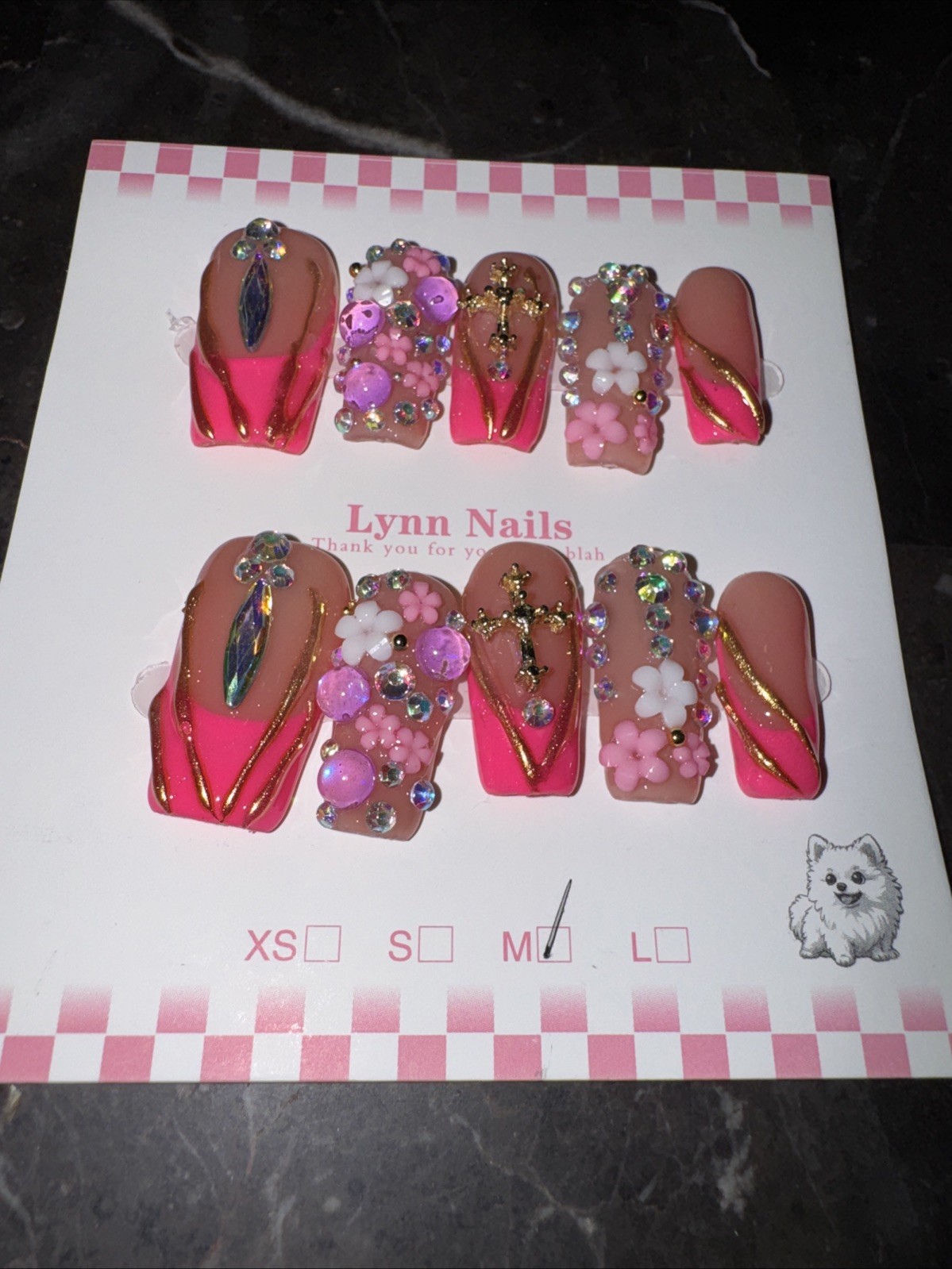 Handmade Glam Press On Nails Medium Square Rhinestone Set w/ Nail Kit Reusable