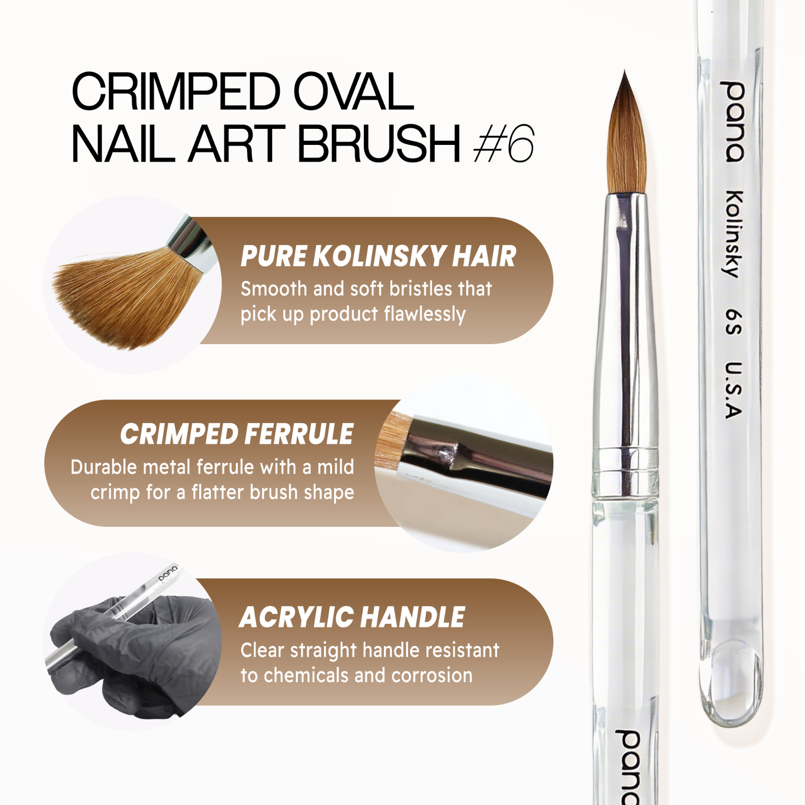 Pana Finest 100% Pure Kolinsky Nail Art Brush with Oval Acrylic Handle Size 6