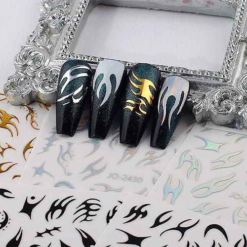 8 Sheets Irregular Flame Nail Art Stickers – Metallic Silver, Black, White,