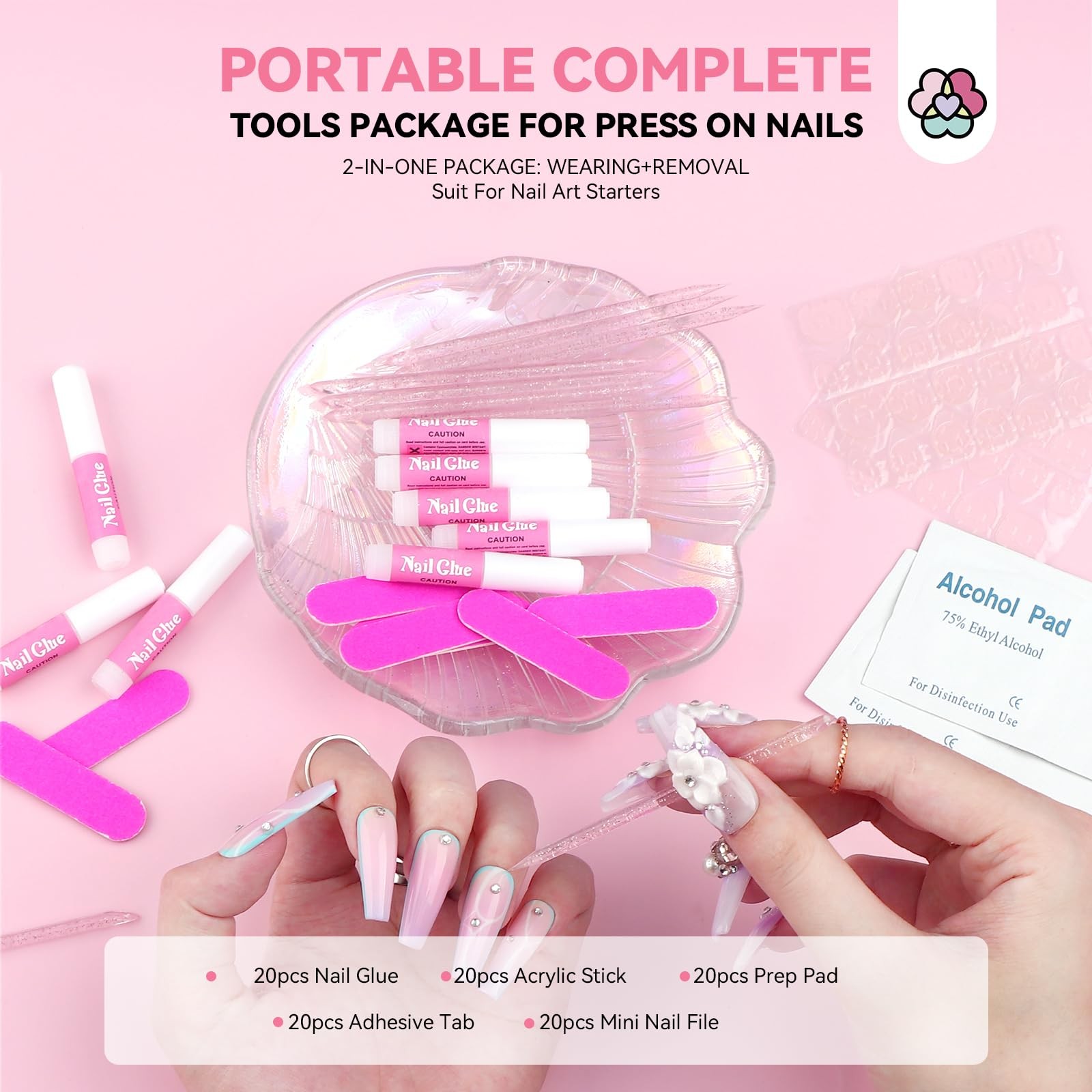 20PCS Press on Nail Tool Kit: Nail Prep Kit with Nail Glue, Adhesive Tabs, Mini