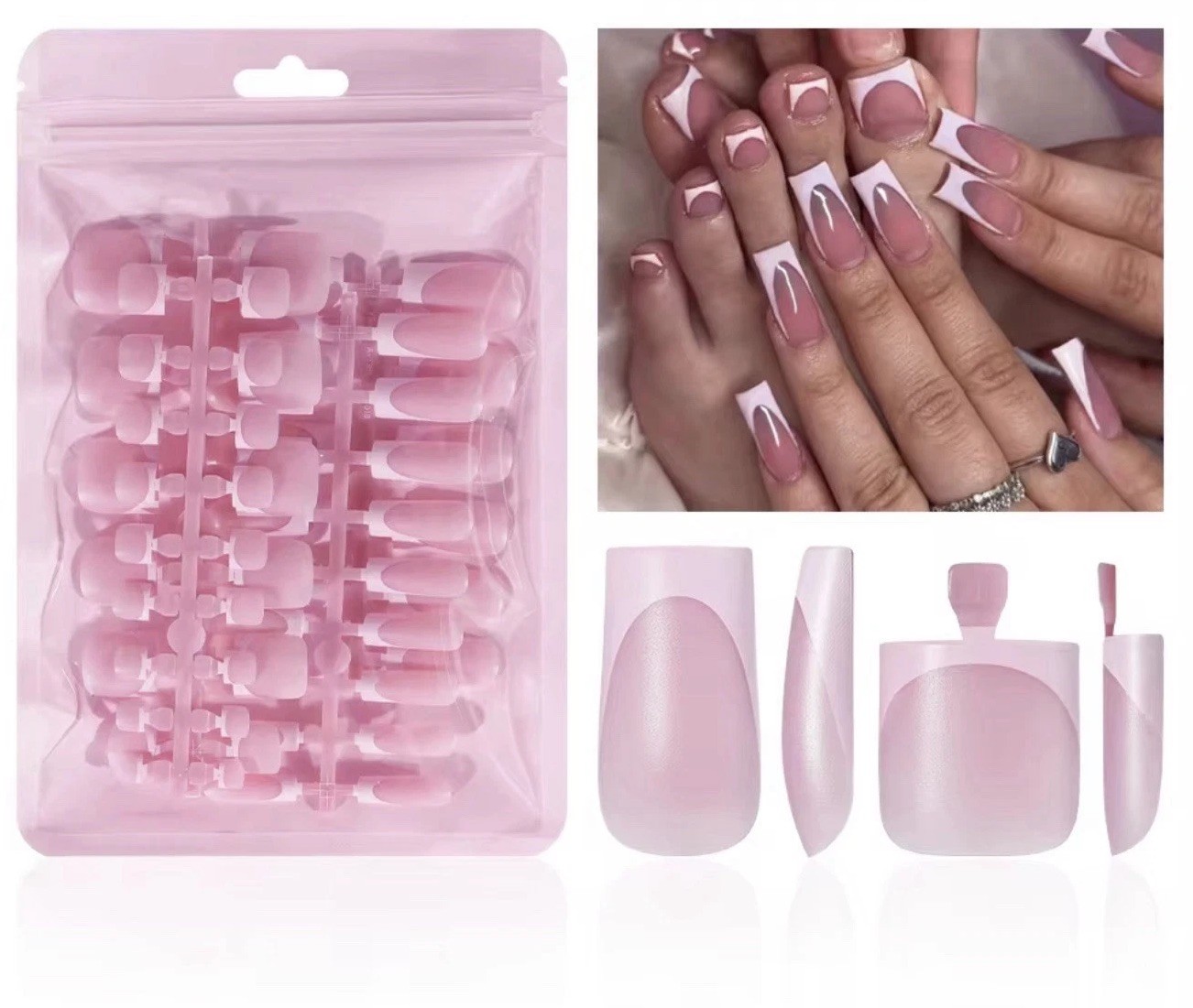 Pink White French Tip Square Almond Press-On Nails Full Cover for Fingers Toes