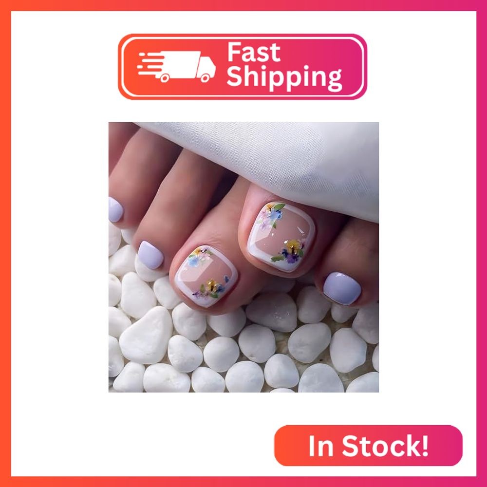 24Pcs White French Tip Toe Nail Press Ons Short Square Fake Toe Nails Summer Flo