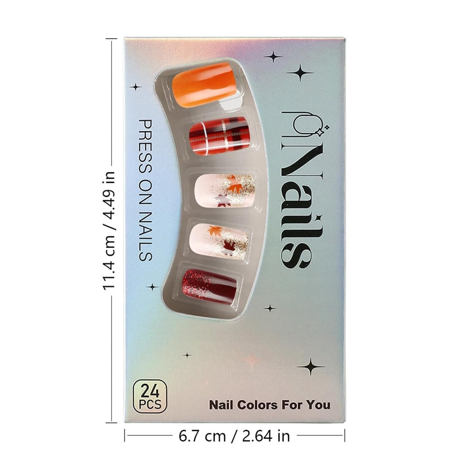Press on Nails Fall Medium Maple Leaf Fake Nails Autumn Brown Plaid Square Gl…