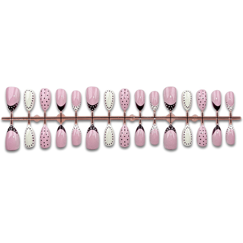 30Pcs-Long Almond Pink White Burgundy Polka Dot French Art Design Press on Nails
